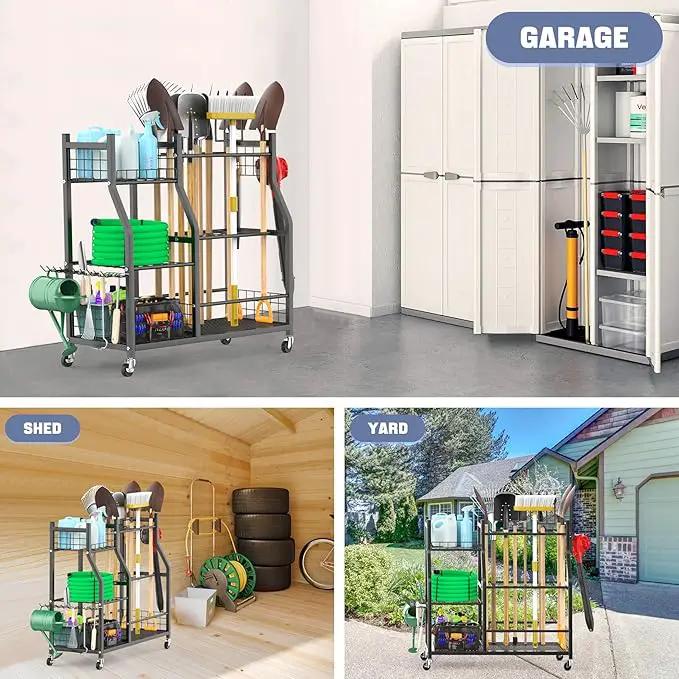WALMANN Garden Tool Organizer with Wheels for Garage, Large Storage Capacity, Rakes/Shovels/Yard Tools Storage Stand for Shed, Garden, Indoor/Outdoor Long-Handled Tools Rolling Cart