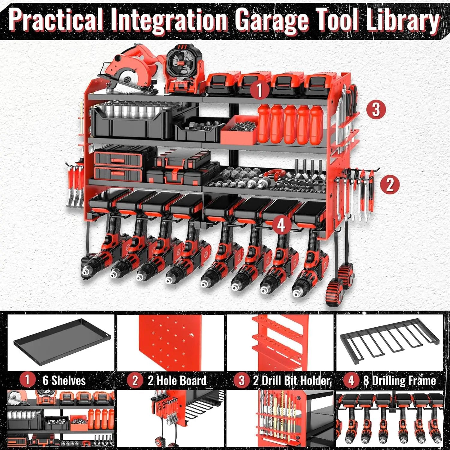Metal Power Tool Organizer Rack Wall Mount, Garage Tool Drill Storage Shelves with Screwdriver Plier Holder (Red, 8 Drills Holder) by GreenHaven Gardens
