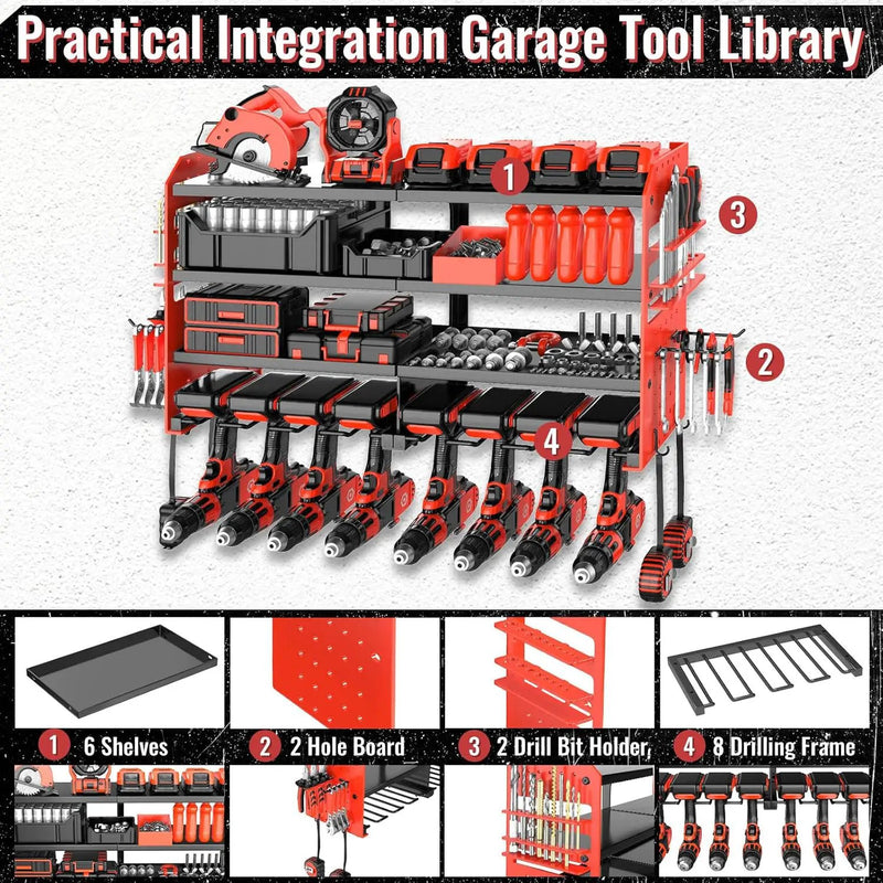 Metal Power Tool Organizer Rack Wall Mount, Garage Tool Drill Storage Shelves with Screwdriver Plier Holder (Red, 8 Drills Holder) by GreenHaven Gardens
