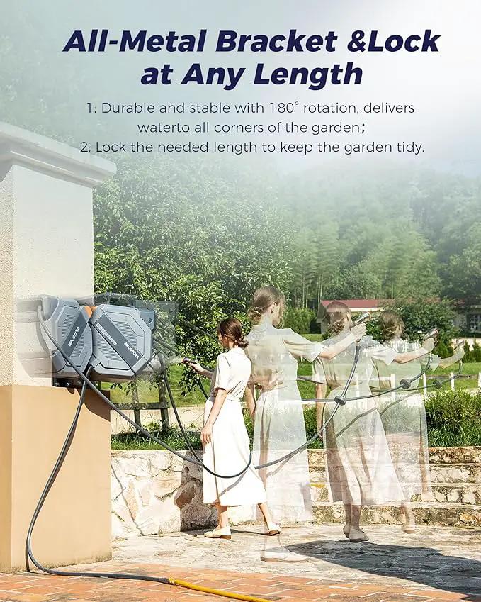 Retractable Garden Hose Reel 1/2 in x 130 ft Professional Metal Bracket & 9-Pattern Metal Nozzle UV Resistant Brass Fitting Heavy Duty Wall Mount Any Length Lock Slow Retraction 180° Swivel by GreenHaven Gardens