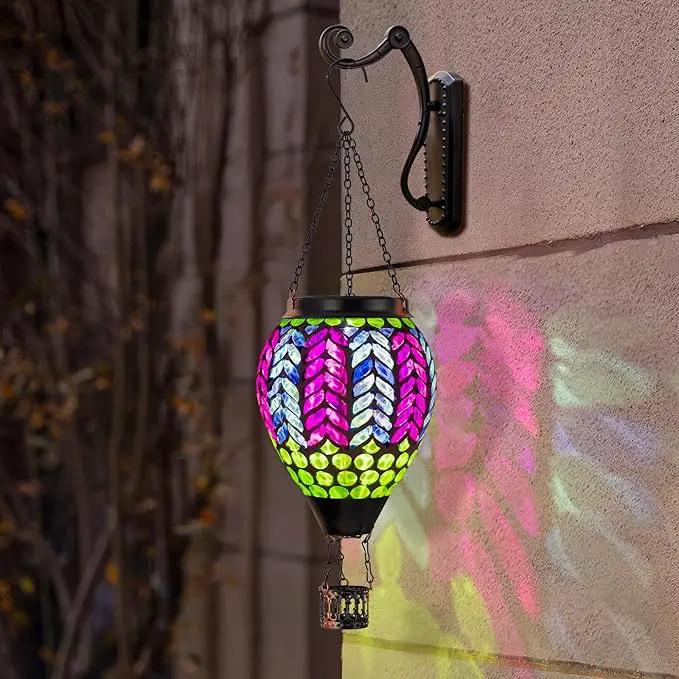 Mosaic Hot Air Balloon Solar Lanterns Outdoor Waterproof, Colorful Glass Solar Hanging Lantern Lights for Garden Patio Yard Gifts for Women Mom Grandma by GreenHaven Gardens