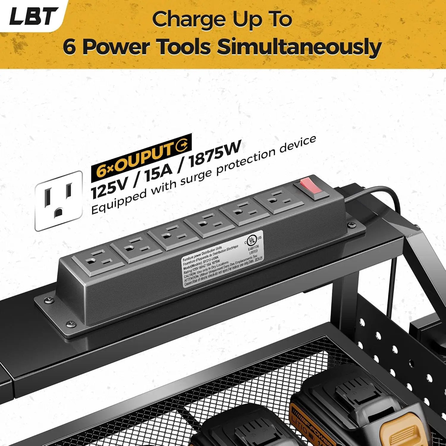 LBT 4 Layer Power Tool Organizer Wall Mount With Charging Station, Patented, 6 Outlet Power Strip, 6 Drill Holder, Heavy Duty Metal Garage Tool Storage Rack, Gifts For Men Fathers Day by GreenHaven Gardens