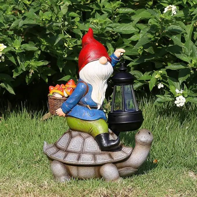 Gnome and Turtle Garden Decor, Large Outdoor Garden Sculptures & Statues, Outside Patio Yard Lawn Decorations, Housewarming for Women, Mom, Grandma with Solar Lantern by GreenHaven Gardens