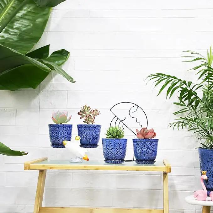 Gepege Succulent Pots, 4 Inch Small Indoor Ceramic Planter Pot with Drainage Holes and Saucers for Plants- Creamy White - Set of 4 by GreenHaven Gardens