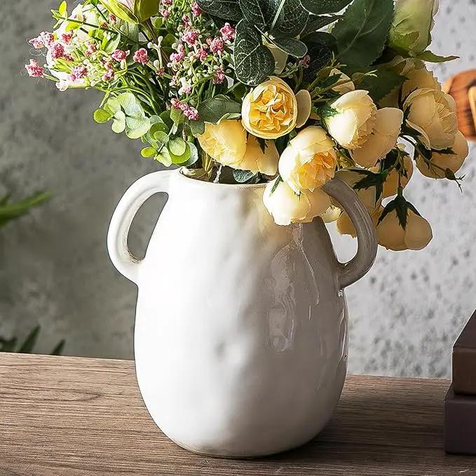 Kimdio White Ceramic Vase with 2 Handles, Modern Farmhouse Vases for Home Decor, Rustic Pottery Vase, Decorative Terracotta Flower Vase, Clay Small Vase, Centerpieces for Dining Table by GreenHaven Gardens