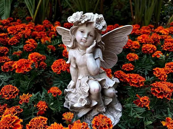 MeritMode 12.8" Fairy Garden Outdoor Guardian Angel Statue - Waterproof Resin with Flower Base, Unique for Patio, Balcony & Yard Decor by GreenHaven Gardens