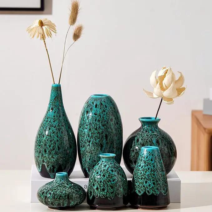 Ceramic Bud Vase Set, Fambe Blue Glazed Finish, Decorative Flower Vases (Blue-Set of 6) by GreenHaven Gardens