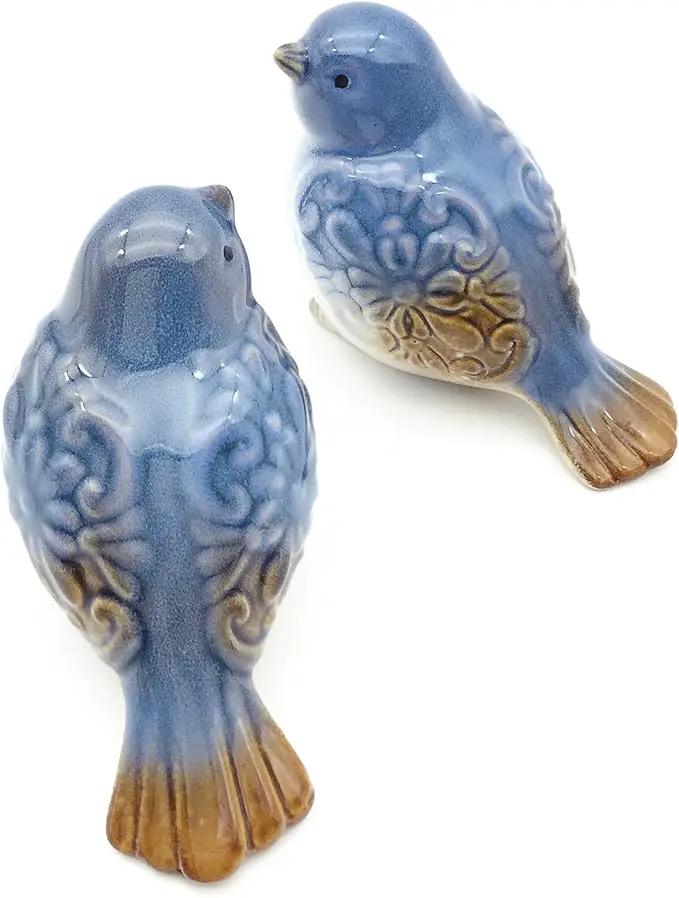 Set of 2 Ceramic Bird Figurines Flower Embellished Garden Statue Home Decor Mini Bird Ornaments by GreenHaven Gardens