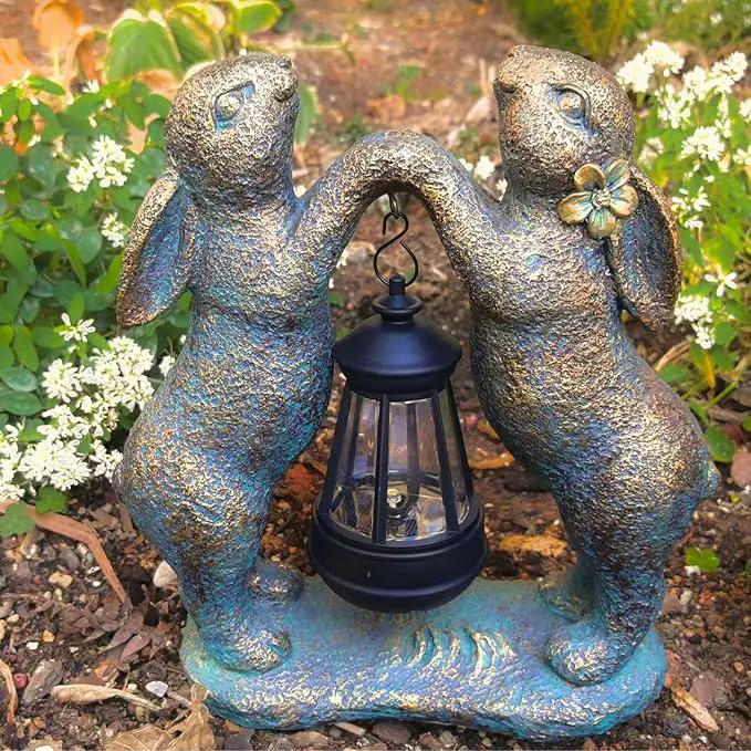 Garden Statues Rabbit with Solar Lantern, Outdoor Bunny Figurines Decorations for Patio Yard Lawn Ornaments, Gifts for Mom/Grandma Birthday Easter Housewarming by GreenHaven Gardens