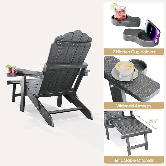 Adjustable Backrest Folding Adirondack Chair with Ottoman & 2 Cup Holders, HIPS Weather Resistant Adirondack Chair, Outdoor Fire Pit Chair for Beach, Pool, Deck, Porch, Yard, Lawn, Grey by GreenHaven Gardens