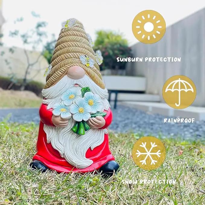 Outdoor Garden Gnomes Statue, Bee Flower Gnome Sculpture, with Solar LED Lights for Yard, Patio, Lawn Ornaments for Garden, Patio Gnome Gifts for Mom by GreenHaven Gardens