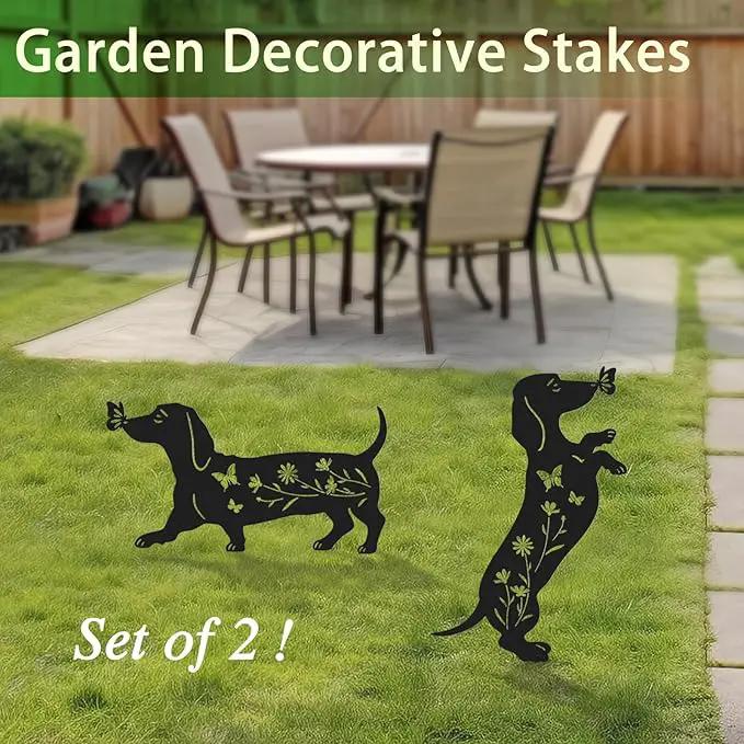 Pack 2 Dog Metal Garden Decor for Outside,Dachshund Silhouette Garden Stakes,Garden Statues for Yard,Lawn,Pathway by GreenHaven Gardens