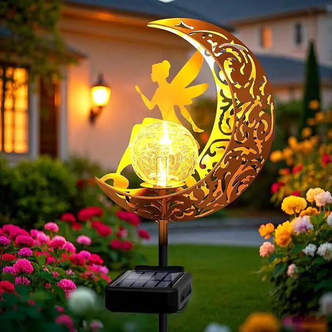 Garden Solar Lights Outdoor Decorative, Moon & Fairy Solar Stake Crackle Glass Globe, Gardening Gifts for Women, Garden Stake Lights Waterproof for Walkway, Yard, Lawn, Patio (Warm White) by GreenHaven Gardens