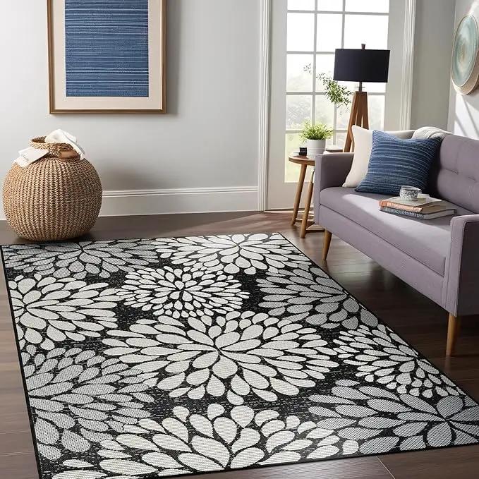 Beverly Rug Outdoor Rug 9x12 Modern Exotic Tropical Leaf Area Rugs for Indoor and Outdoor Patio Deck Porch Garden Water Resistant Washable Outside Carpet (9 x 12 Dark Gray) by GreenHaven Gardens