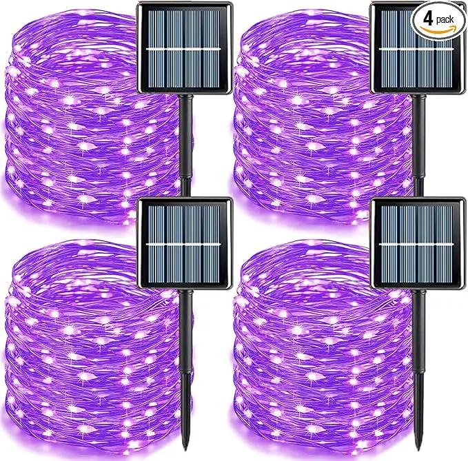 YEGUO 4 Pack Purple Solar Fairy Lights Outdoor Waterproof, Each 33ft 100 LED String Lights 8 Modes Silver Wire by GreenHaven Gardens