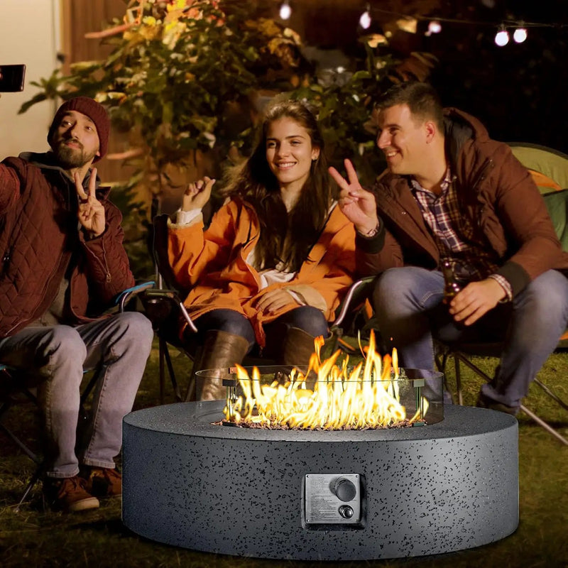 COSIEST 42 inch Outdoor Propane Fire Pit Coffee Table w Concrete Round Base Patio Heater, CSA Certified, 50,000 BTU Stainless Steel Burner, Free Lava Rocks, Rain Cover, Wind Guard, Tank Cover, Gray by GreenHaven Gardens