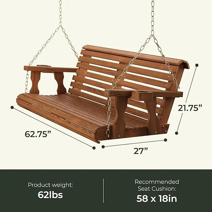 Amish Casual 3 Foot Roll Back Porch Swing with Cup Holders in Cedar Stain - Amish Made in The USA from Treated Pine Heavy Duty 700 Lb. Weight Capacity by GreenHaven Gardens