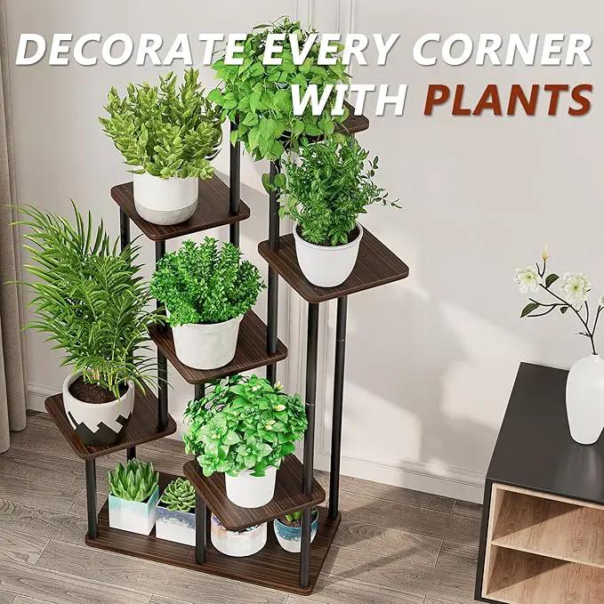 AZERPIAN Plant Stand 7 Tier Indoor Metal Flower Shelf for Multiple Plants Corner Tall Flower Holders for Patio Garden Living Room Balcony Bedroom, Black Oak by GreenHaven Gardens