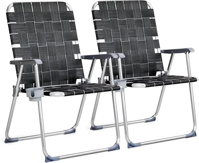 VINGLI Aluminum Oversize Patio Lawn Chairs Folding Set of 2 with Detachable Cup Holder, Webbed Beach Chair Folding Chair Outdoor Portable Camping Chair for Yard, Garden by GreenHaven Gardens