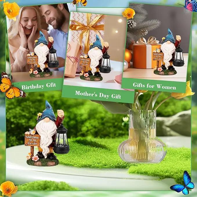 Garden Gnome Statues Figurine Lights - Solar Powered Lighting Outdoor Decorations with Lantern & Welcome Sign, Yard Art Lawn Ornaments for Porch Patio Balcony - Gnome Gifts for Women Mom by GreenHaven Gardens
