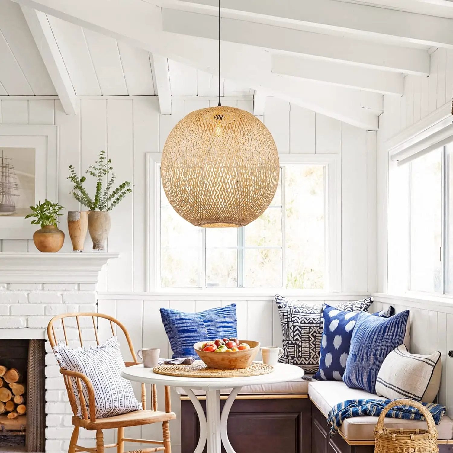 Arturesthome 15.7" Bamboo Pendant Lights, Round Wicker Chandelier, Hand-Woven Boho Basket Lampshade Hanging Ceiling Light for Kitchen Island Living Room by GreenHaven Gardens