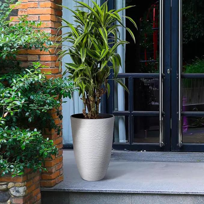 Worth Garden 2-Pack 21" H. White Tall Planters - 14'' Dia Resin Large Round Flower Pots for Outdoor Plants Trees - Imitation Stone Finish Plastic Indoor Front Porch 9 Gallon Decorative Container Patio by GreenHaven Gardens