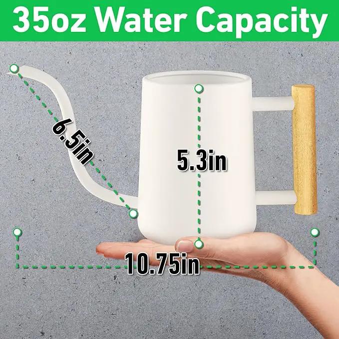 35 oz Metal Small Indoor Watering Can with Long Spout & Real Wood Handle for House Plants, Succulents, Cacti & Seedlings - White Long Spout Watering Can Indoor Plants - Stylish, Gentle Flow, No Spills by GreenHaven Gardens