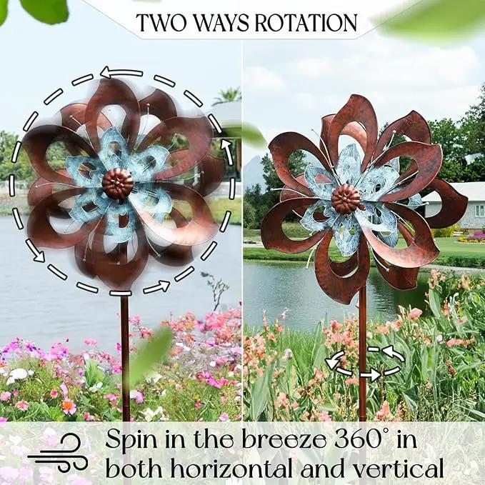 Garden Wind Spinner,Flower Wind Spinner,Outdoor Metal Wind Sculpture & Spinner Large 23 inch Dia 84 inch Height Kinetic Windmill for Garden Yard by GreenHaven Gardens