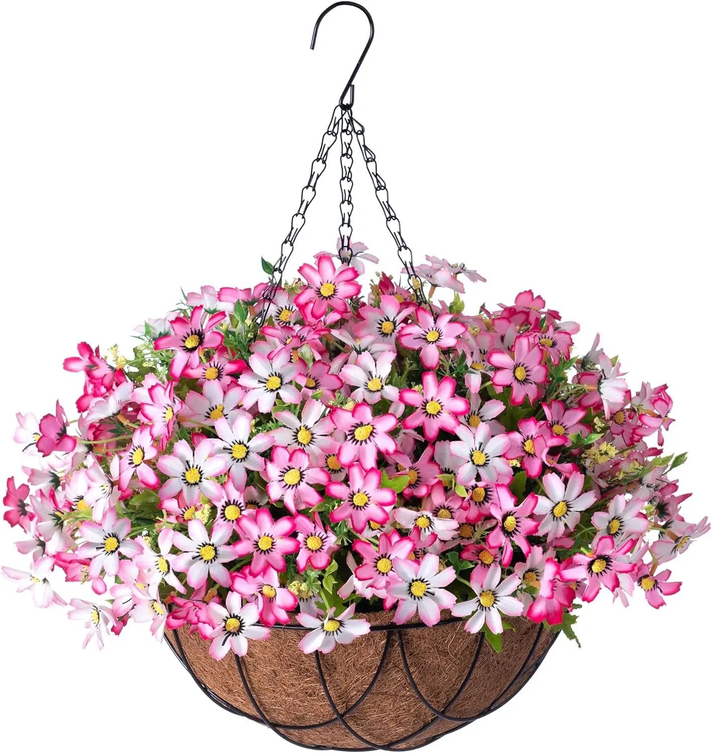 Artificial Silk Flowers Hanging Baskets Outdoors Indoors,Chrysanthemum with Eucalyptus Leaves Arrangement for Garden Yard Spring Summer Decor,Faux Plant in Metal Coconut Lining Flowerpot(Pink) by GreenHaven Gardens