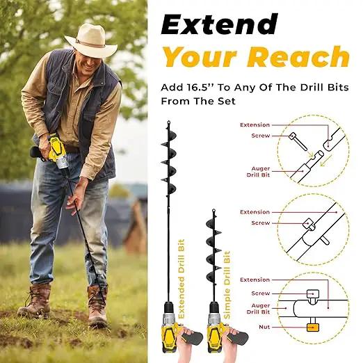 Auger Drill Bit for Planting 3 Pack with Extension - Spiral Hole Planter for Bulbs, Fence Posts, and Umbrella Holes - 3/8'' Hex Drive Drill- Gardening Hole Digger Yard Tools - Garden Drill Attachments by GreenHaven Gardens