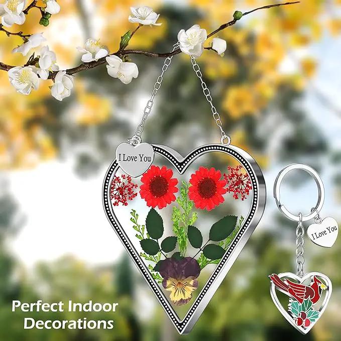 KY&BOSAM Heart Suncatcher Gift for Mom I Love You Heart Wind Chime for Windows Pressed Flower Between Heart in Glass and Metal Engraved Charm Birthday Gift for Women Mother's Day Valentine's Christmas by GreenHaven Gardens