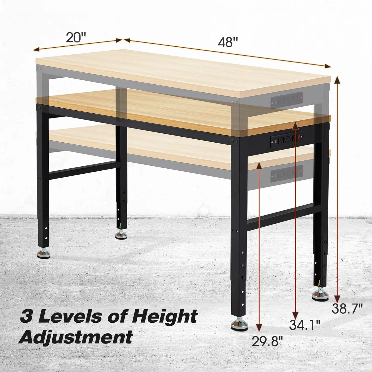 48” Adjustable Workbench，Heavy Duty Wood Work Bench 2000 Lbs Load Capacity,Work Table with Power Outlet for Garage, Workshop, Office, Home by GreenHaven Gardens