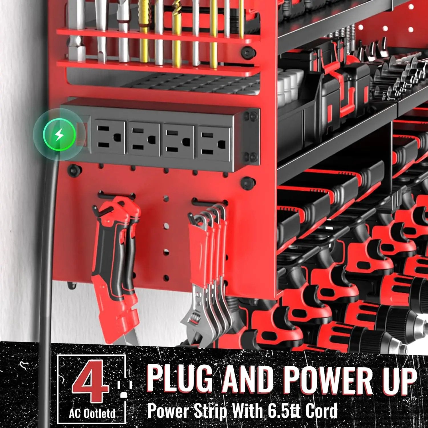 Large Power Tool Organizer Wall Mount with Charging Station, 4 Layer Heavy Duty Metal Cordless Tool Organizer, Tool Storage Rack with 8 Cordless Drill Holder Screwdriver Hammer(Red) by GreenHaven Gardens