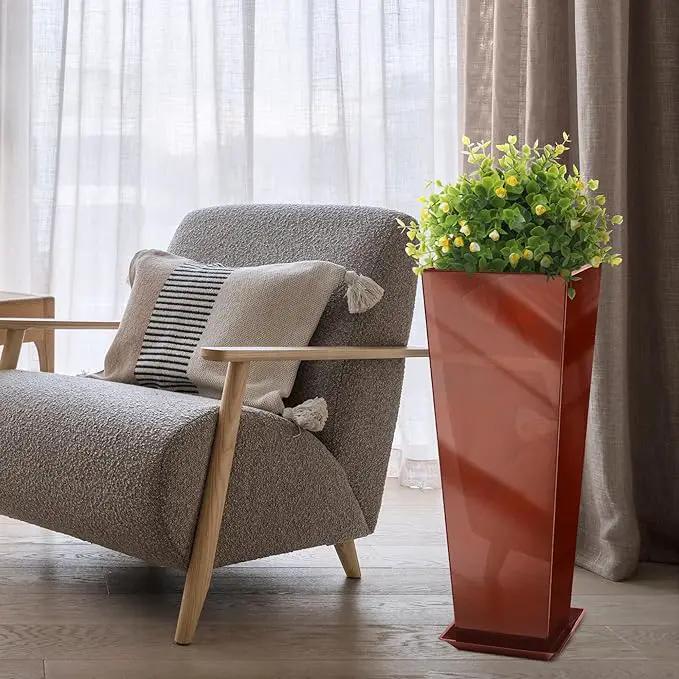 KOL 28''H. Tall Galvanized Steel Glazed Planter with Saucer, Set of 2, Planter Pots with Insert for Indoor & Outdoor Use, Decorative Flower Plant Pots for Front Porch, Patio, Deck - Reddish Brown by GreenHaven Gardens