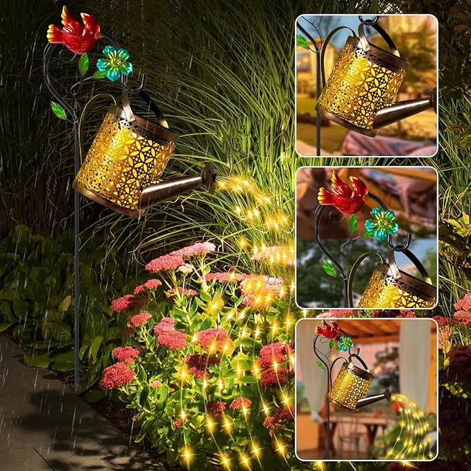 Solar Metal Watering Can with Cardinal Shepherd Hook and Cascading Lights - Outdoor Solar Lantern for Garden, Yard, Patio - Christmas Decor and Gardening Gifts for Women by GreenHaven Gardens