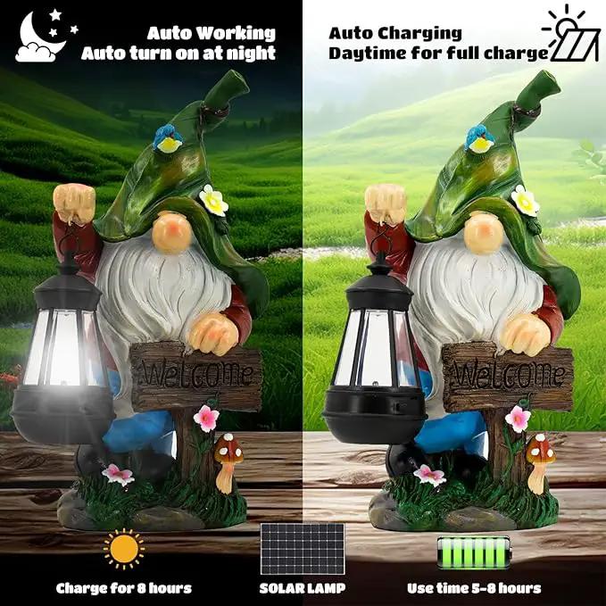 Garden Gnome Statue, Resin Figurine with Bright Solar Lantern Lights and Welcome Sign, Outdoor Solar-Powered Illumination Yard Art Decorations for Indoor Outdoor Patio Lawn Garden Room by GreenHaven Gardens