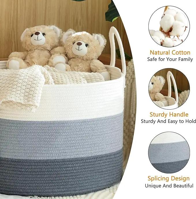 KAKAMAY Large Blanket Basket (20"x13"),Woven Baskets for storage Baby Laundry Hamper,Cotton Rope Blanket Basket for Living Room, Laundry, Nursery, Pillows, Baby Toy chest with Handles (White/Grey) by GreenHaven Gardens