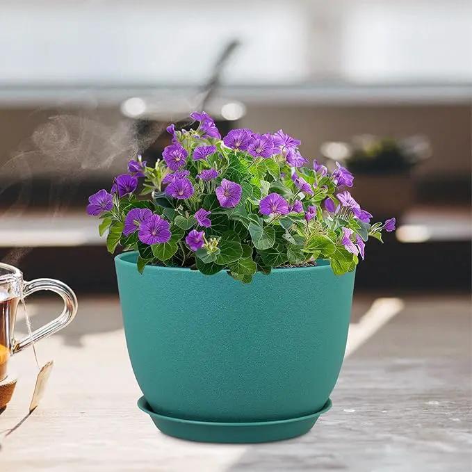 Plant Pots 12 inch, Plastic Planters with Drainage Holes and Saucers, Large Flower Pots for Indoor Outdoor Plants, Modern Decorative Pots for Garden House Plants, Blue Green by GreenHaven Gardens
