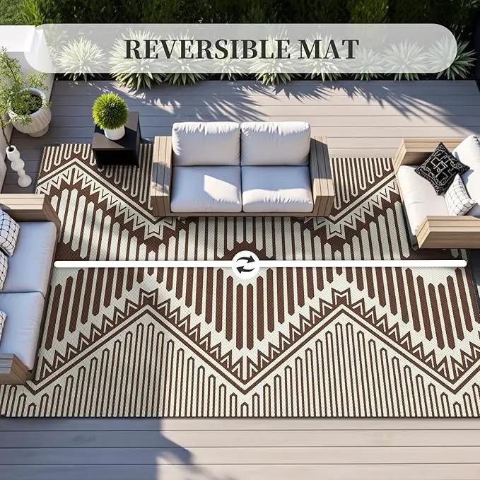 MontVoo Outdoor Rug 8x10 Waterproof Patio Rug-Outdoor Carpet Mat Reversible Plastic Straw Outside Outdoor Rug for RV Camping Picnic Balcony Backyard Pool Deck Porch Modern Boho Beige Brown by GreenHaven Gardens