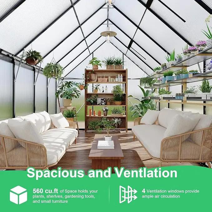 Greenhouse 6x7 FT Aluminum-Framed Heavy Duty Polycarbonate with Quick Setup Structure and Roof Vent Large Enhanced Outdoors Green House Kit by GreenHaven Gardens