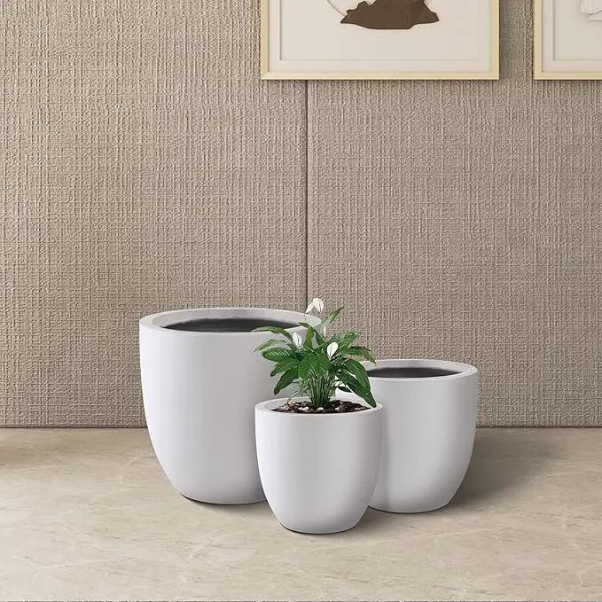 Kante 18",14",10" Dia Concrete Round Planters (Set of 3), Outdoor Indoor Large Planter Pots with Drainage Hole and Rubber Plug for Home Patio Garden, Pure White by GreenHaven Gardens