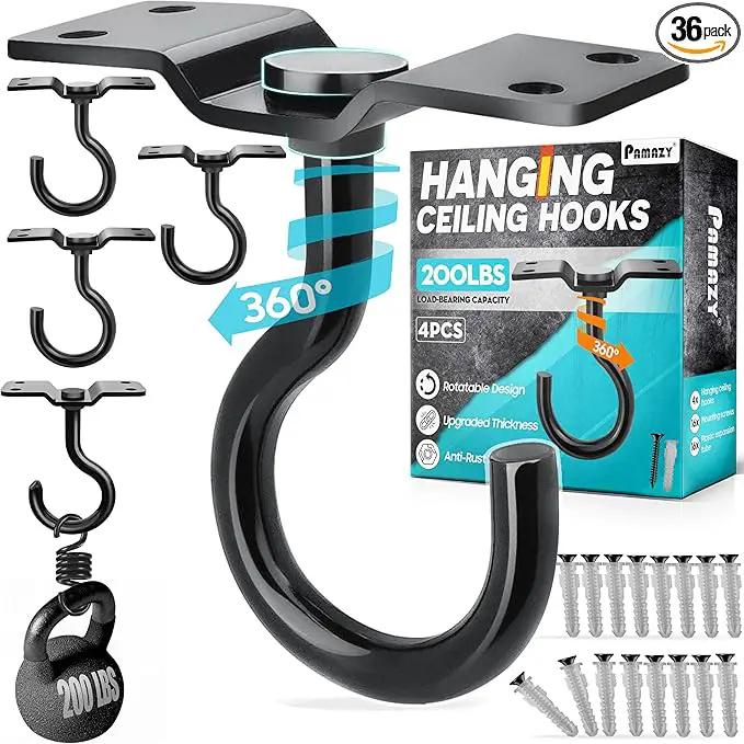 [UPGRADED] 4Pcs 200LBS Rotatable Ceiling Hooks with 4 Screw Points Base, Wall Mount Metal Hanger Black Ceiling Hook for Hanging Plant, Bird Feeder, Lights, Bed Canopy, Wind Chime, Indoor Outdoor Decor by GreenHaven Gardens