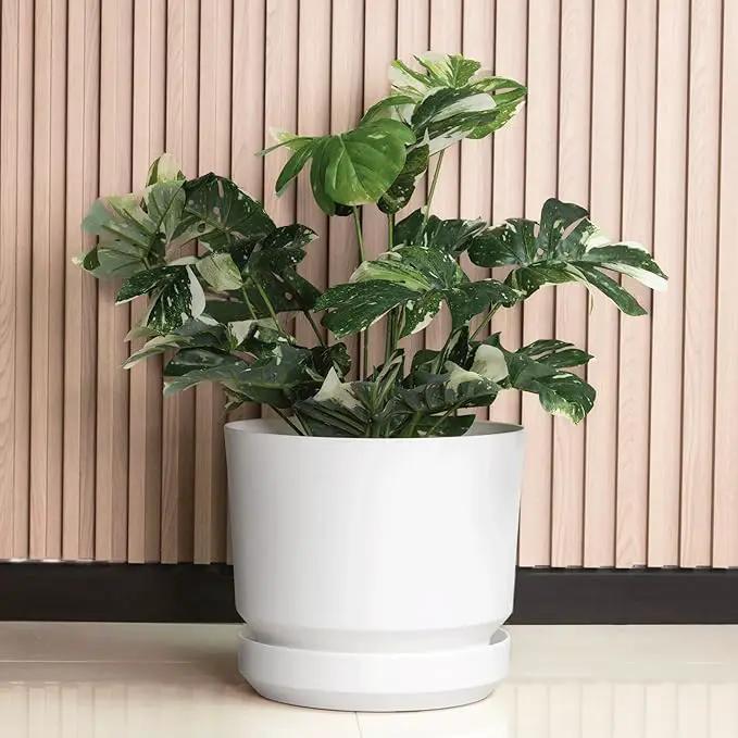 Elly Décor 12 inch Plastic Cylinder Planter Pot with Self-Watering Saucer and Drainage Hole,Lightweight & Extremely Durable, 12"x 12", White by GreenHaven Gardens