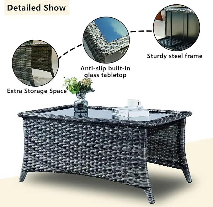 Patio Tables Wicker Coffee Table - Outdoor Rattan Coffee Tables with Glass Top for Patio Proch Deck Balcony Rectangle Mixed Grey by GreenHaven Gardens
