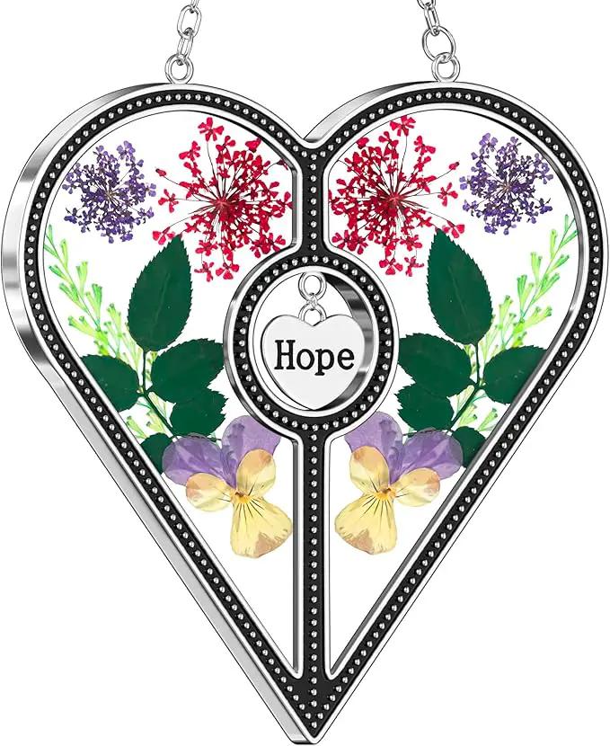 KY&BOSAM Heart Suncatcher Hope Stained Glass Panels for Windows Hangings Wind Chime with Pressed Real Flower Heart Embedded in Glass Friend Gifts- Birthday Gifts for Women Mother`s Day Christmas Decor by GreenHaven Gardens