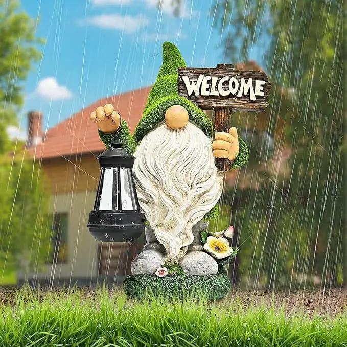 Garden Gnome Statue Outdoor Decor Large Flocked Resin Gnome Figurine with Solar Light Holding Lantern Welcome Sign Garden Yard Decorations Dwarf Sculpture for Outside Patio Porch Lawn Decor. by GreenHaven Gardens