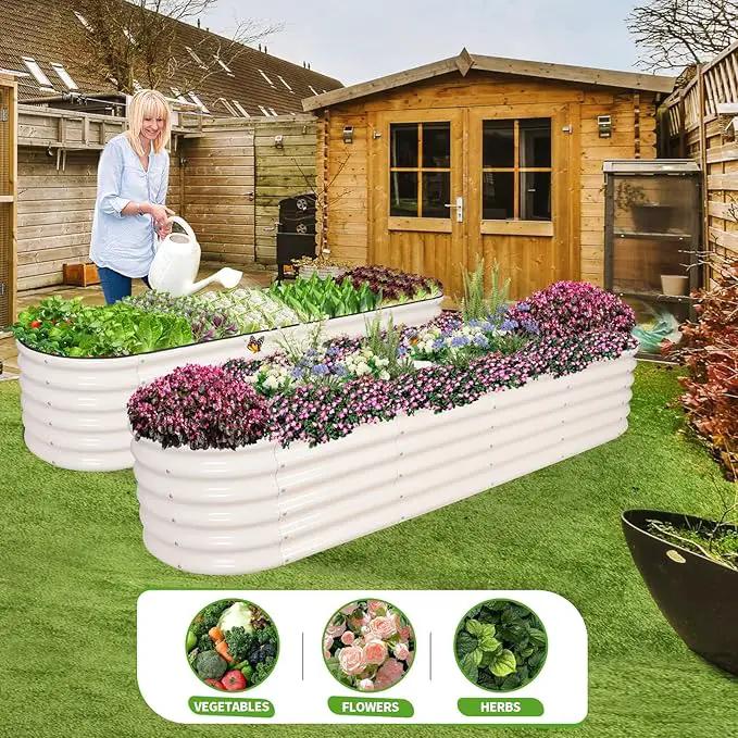 Galvanized Raised Garden Bed - 8x2x1.4FT Metal Planter Boxes Outdoor | Oval Steel Raised Bed Kit for Gardening with Protective Tape, Bracing Rods, Gloves for Vegetables, Flower, Herb (White) by GreenHaven Gardens