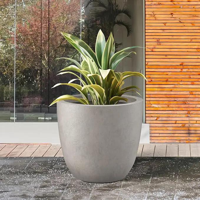 Kante 14 Inch Dia Round Concrete Planter, Indoor Outdoor Large Plant Pot with Drainage Hole and Rubber Plug for Home Patio Garden, Weathered Concrete by GreenHaven Gardens