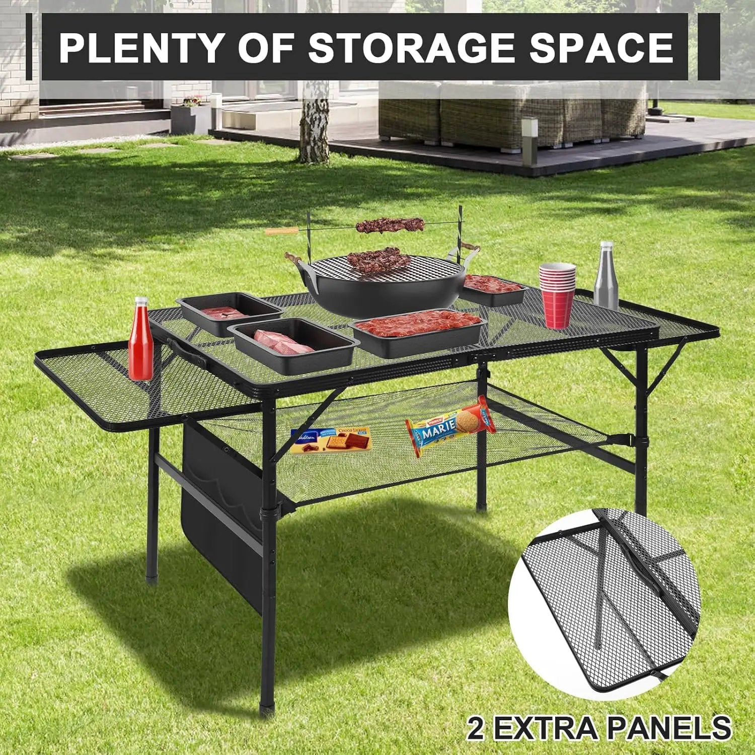 Folding Grill 4.4 FT Portable Camping Table with 2 Wing Panels, Height Adjustable Metal Outdoor Table with Mesh Desktop and Mesh Bag, Picnic, Beach and BBQ, Party, Black by GreenHaven Gardens