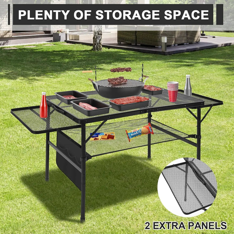 Folding Grill 4.4 FT Portable Camping Table with 2 Wing Panels, Height Adjustable Metal Outdoor Table with Mesh Desktop and Mesh Bag, Picnic, Beach and BBQ, Party, Black by GreenHaven Gardens